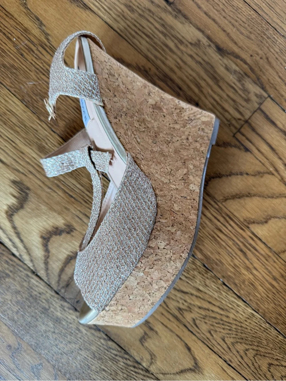 Steve Madden Champagne Glitter Cork Wedge Sandals 6 inche wedges